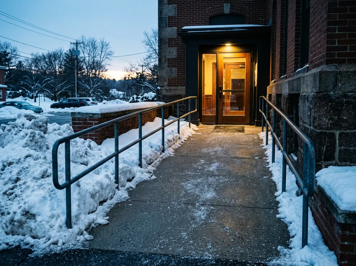 Cleared and salted ADA entrance ramp at a commercial building
