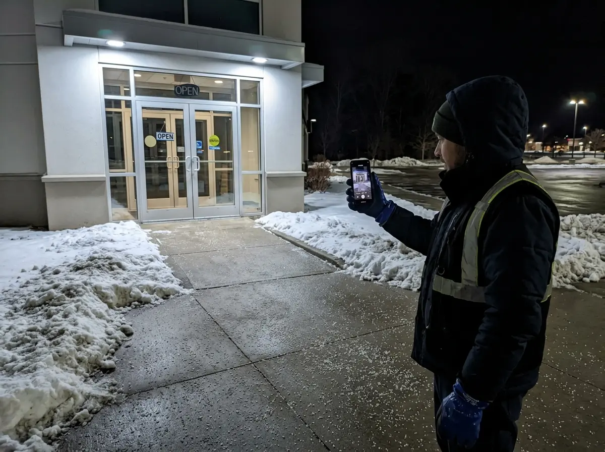 A gloved crew member photographing a freshly cleared and salted commercial entrance at night for documentation