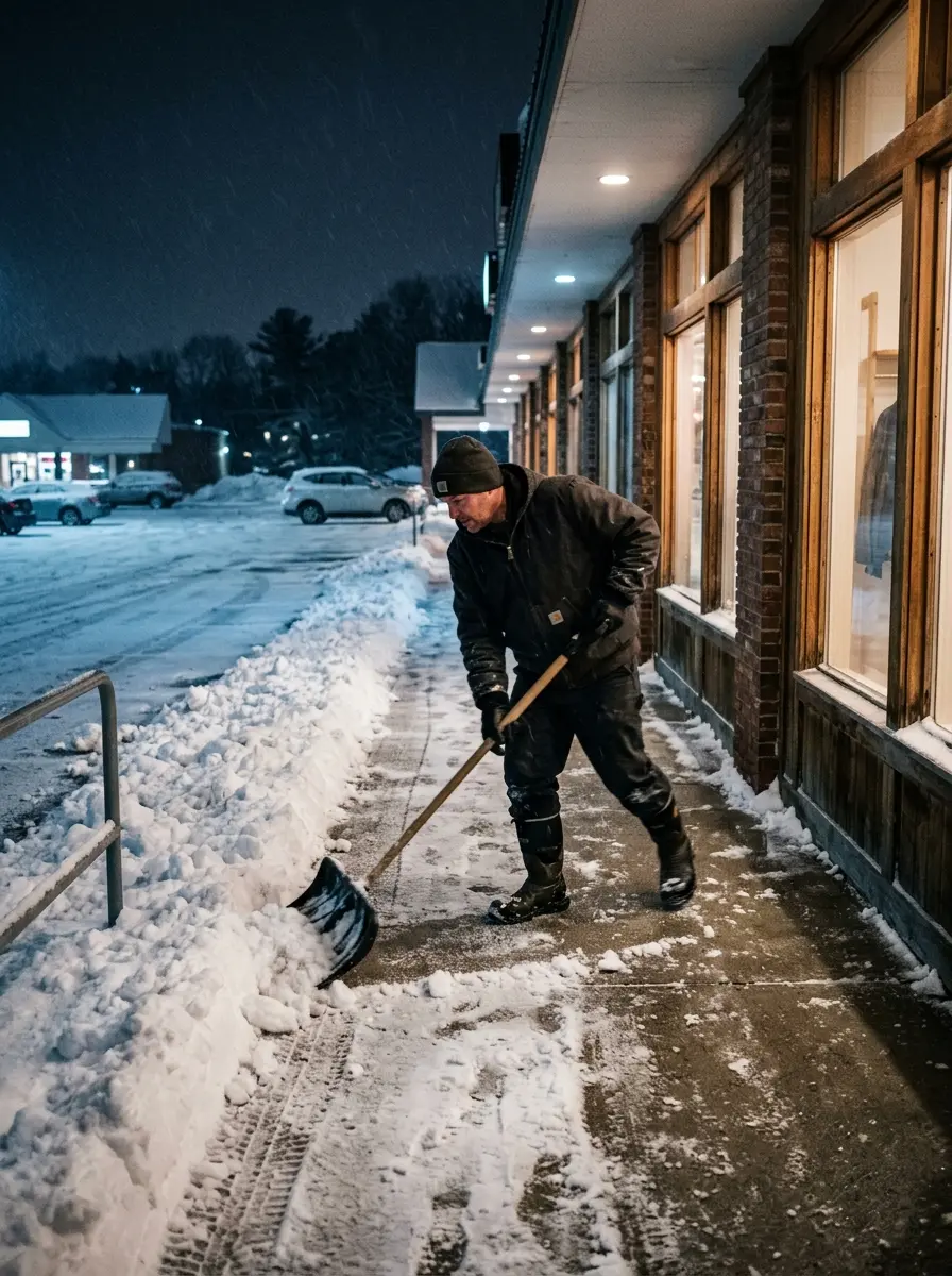 Worker clearing a commercial storefront sidewalk to bare pavement overnight in Southern Maine