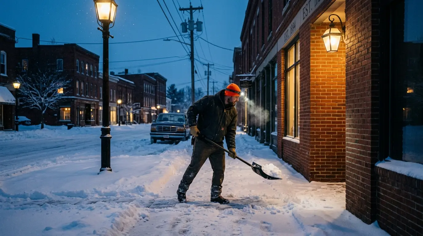 A Shovel Squad crew member clearing a snow-covered downtown sidewalk before dawn