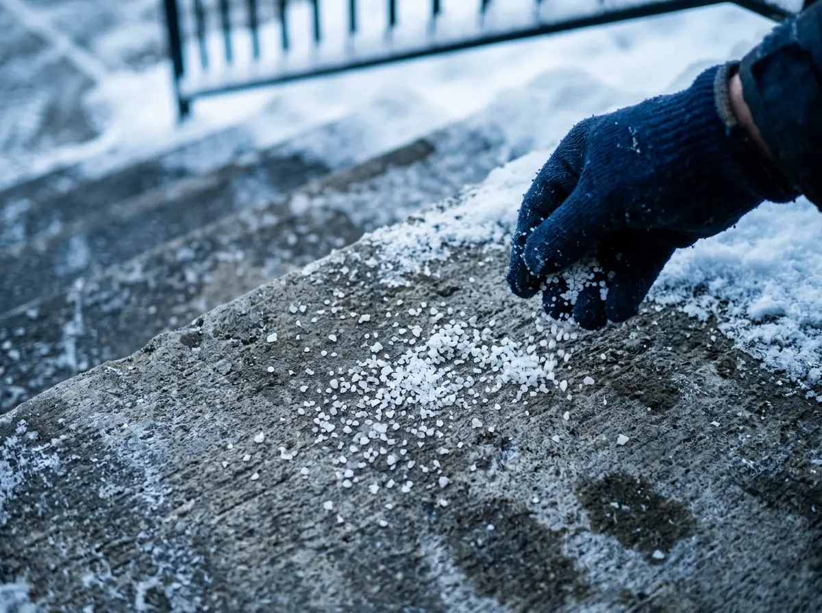 Pet-safe ice melt applied to a cleared concrete stair