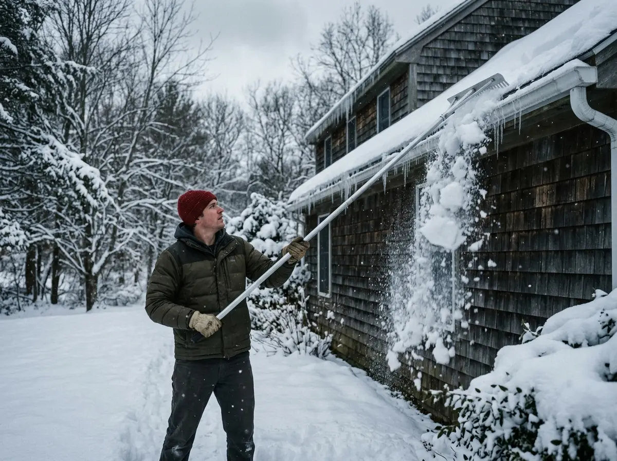 Roof raking to prevent ice dams on a New England home