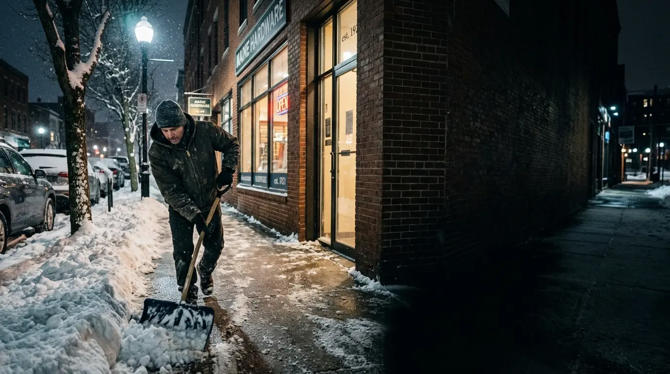 A Shovel Squad crew member clearing a downtown Maine storefront sidewalk to bare pavement at night