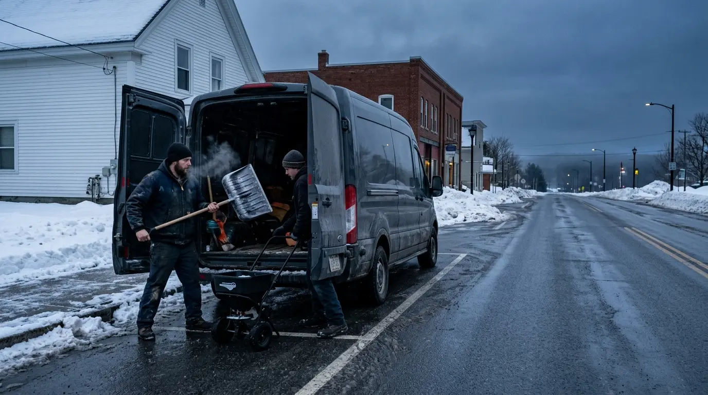 A Shovel Squad crew loading shovels and an ice-melt spreader into a work van at dawn on a snowy Maine street