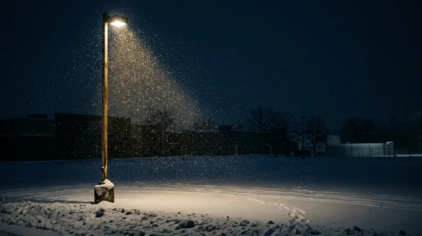 Snow falling through a parking lot light on a dark winter night