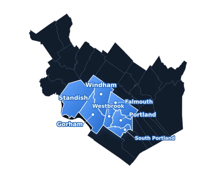 Map of The Shovel Squad service area highlighting Portland, South Portland, Westbrook, Gorham, Falmouth, Windham, and Standish in Cumberland County, Maine